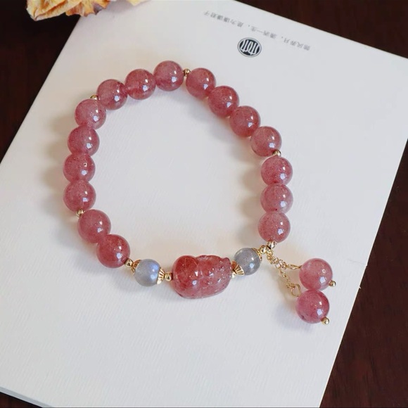 Natural Strawberry Quartz Moonstone PiXiu Love Healing Bracelet NWT - Picture 10 of 12